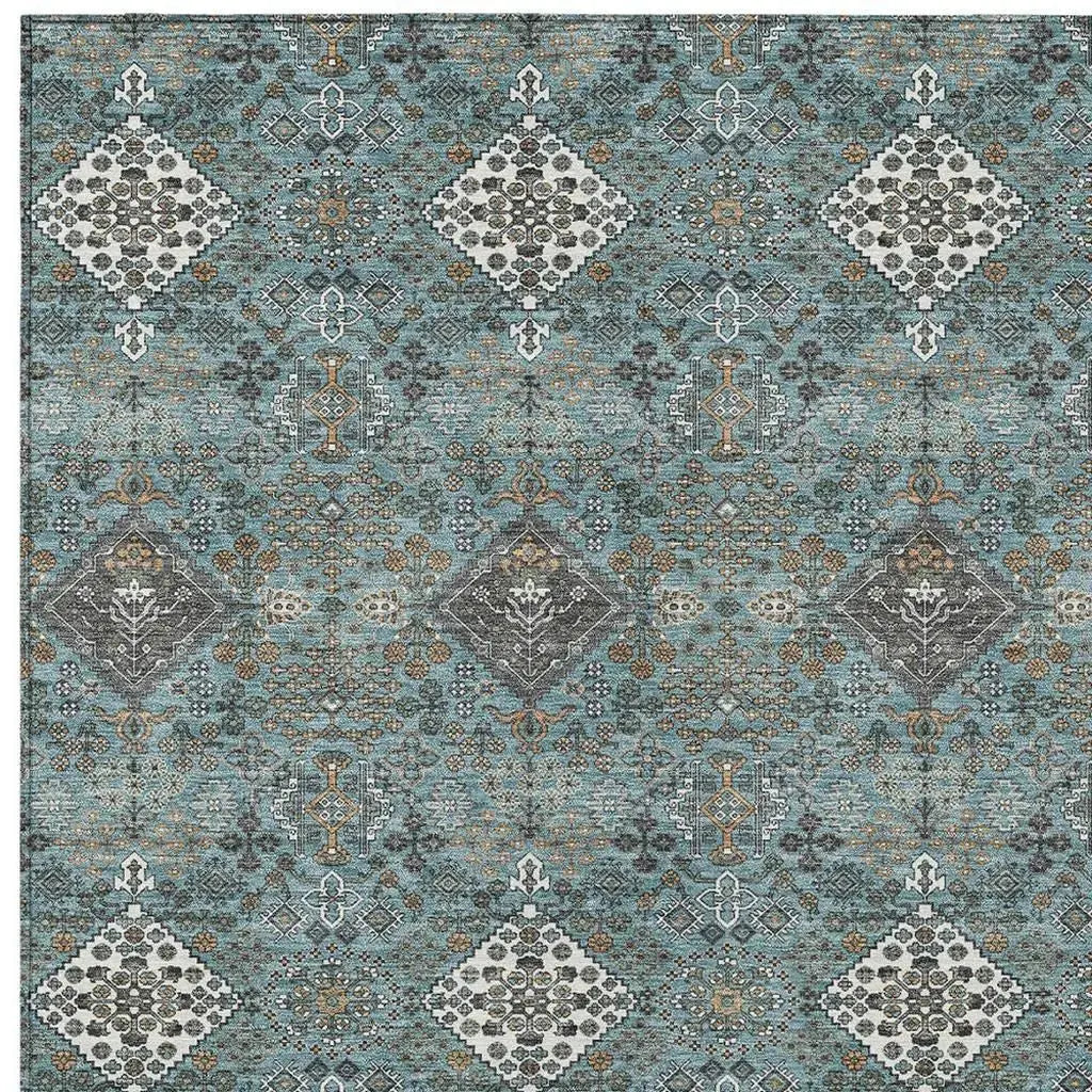 5' X 8' Teal Blue And Ivory Geometric Washable Indoor Outdoor Area Rug Homeroots Outdoor