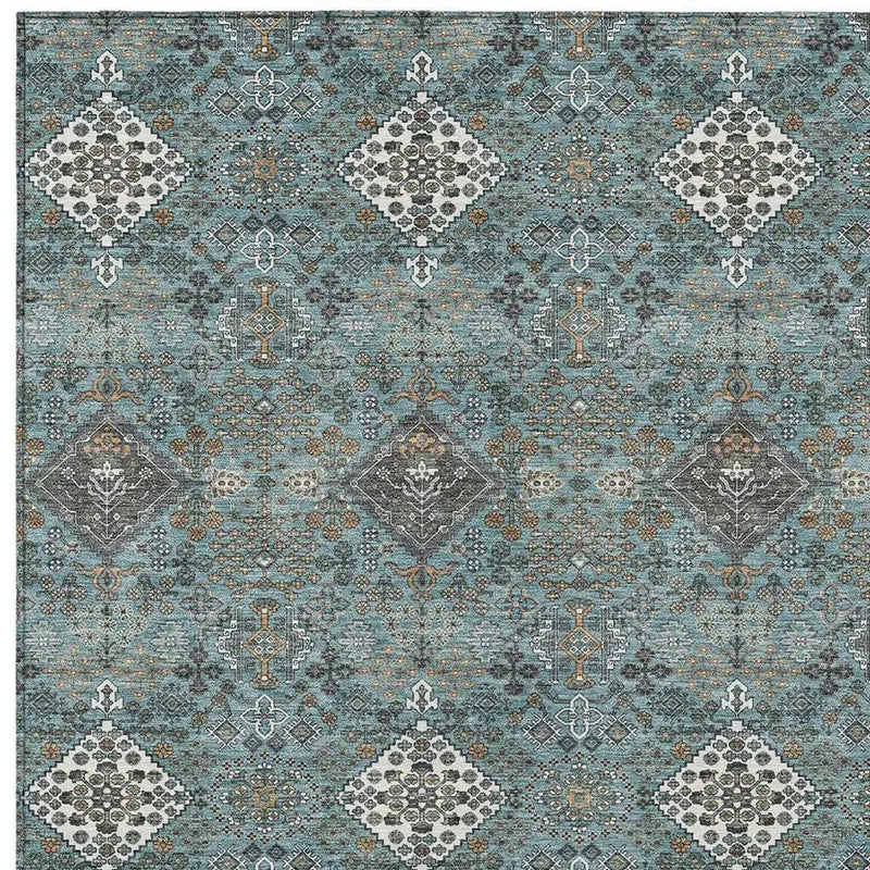 5' X 8' Teal Blue And Ivory Geometric Washable Indoor Outdoor Area Rug Homeroots Outdoor