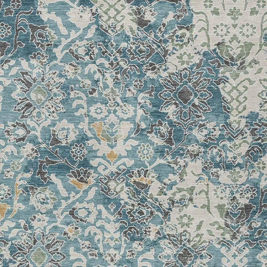5' X 8' Teal Blue And Ivory Geometric Washable Indoor Outdoor Area Rug Homeroots Outdoor