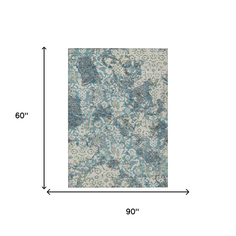5' X 8' Teal Blue And Ivory Geometric Washable Indoor Outdoor Area Rug Homeroots Outdoor