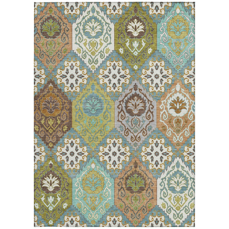 5' X 8' Teal Blue And Ivory Geometric Washable Indoor Outdoor Area Rug Homeroots Outdoor