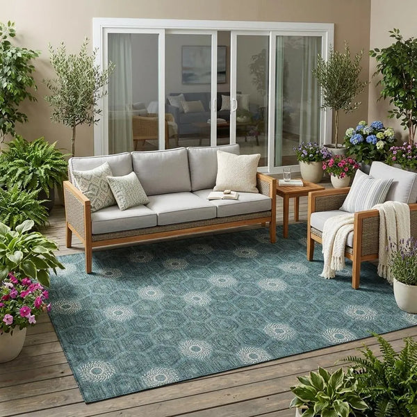 5' X 8' Teal Blue And Ivory Geometric Washable Indoor Outdoor Area Rug Homeroots Outdoor