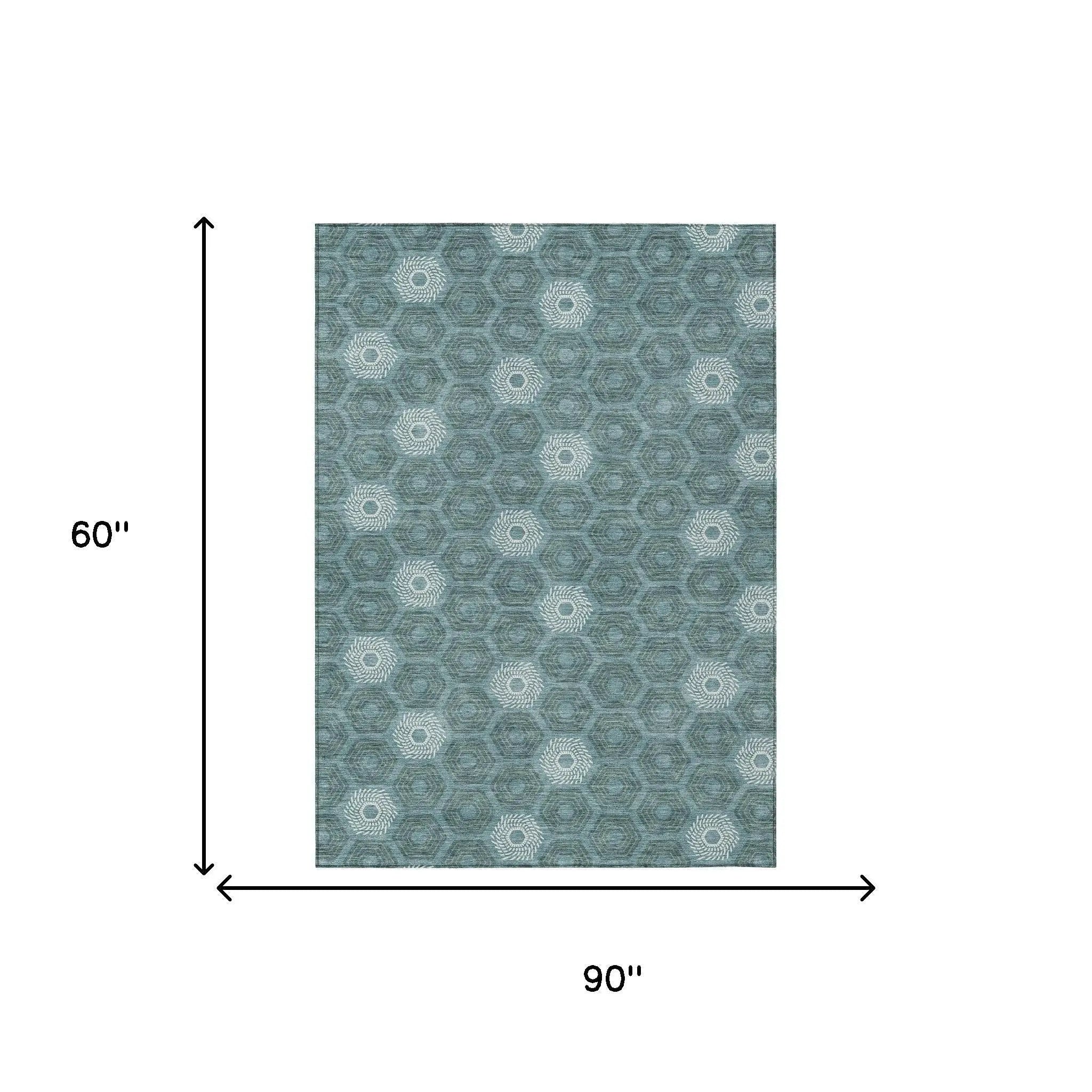 5' X 8' Teal Blue And Ivory Geometric Washable Indoor Outdoor Area Rug Homeroots Outdoor
