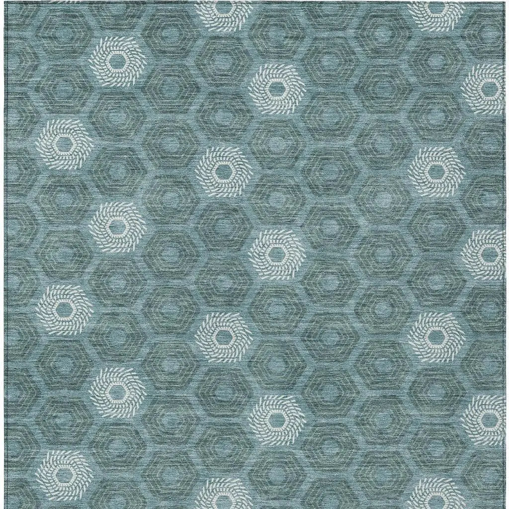 5' X 8' Teal Blue And Ivory Geometric Washable Indoor Outdoor Area Rug Homeroots Outdoor