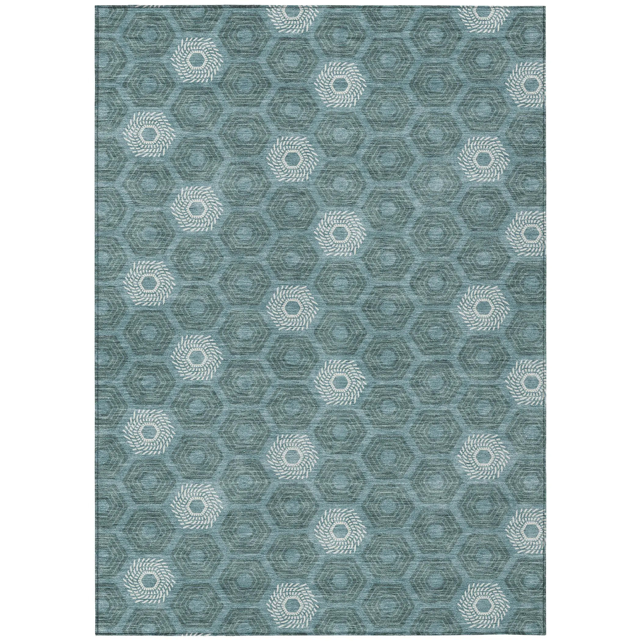 5' X 8' Teal Blue And Ivory Geometric Washable Indoor Outdoor Area Rug Homeroots Outdoor