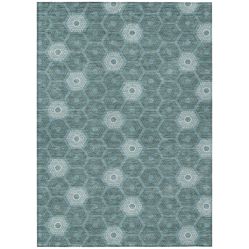 5' X 8' Teal Blue And Ivory Geometric Washable Indoor Outdoor Area Rug Homeroots Outdoor