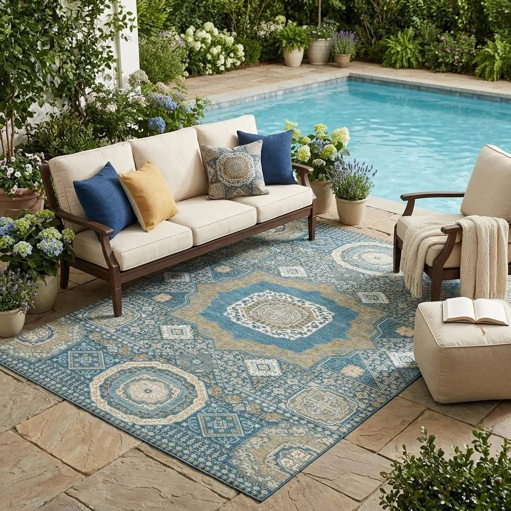 5' X 8' Teal Blue And Ivory Oriental Washable Indoor Outdoor Area Rug Homeroots Outdoor