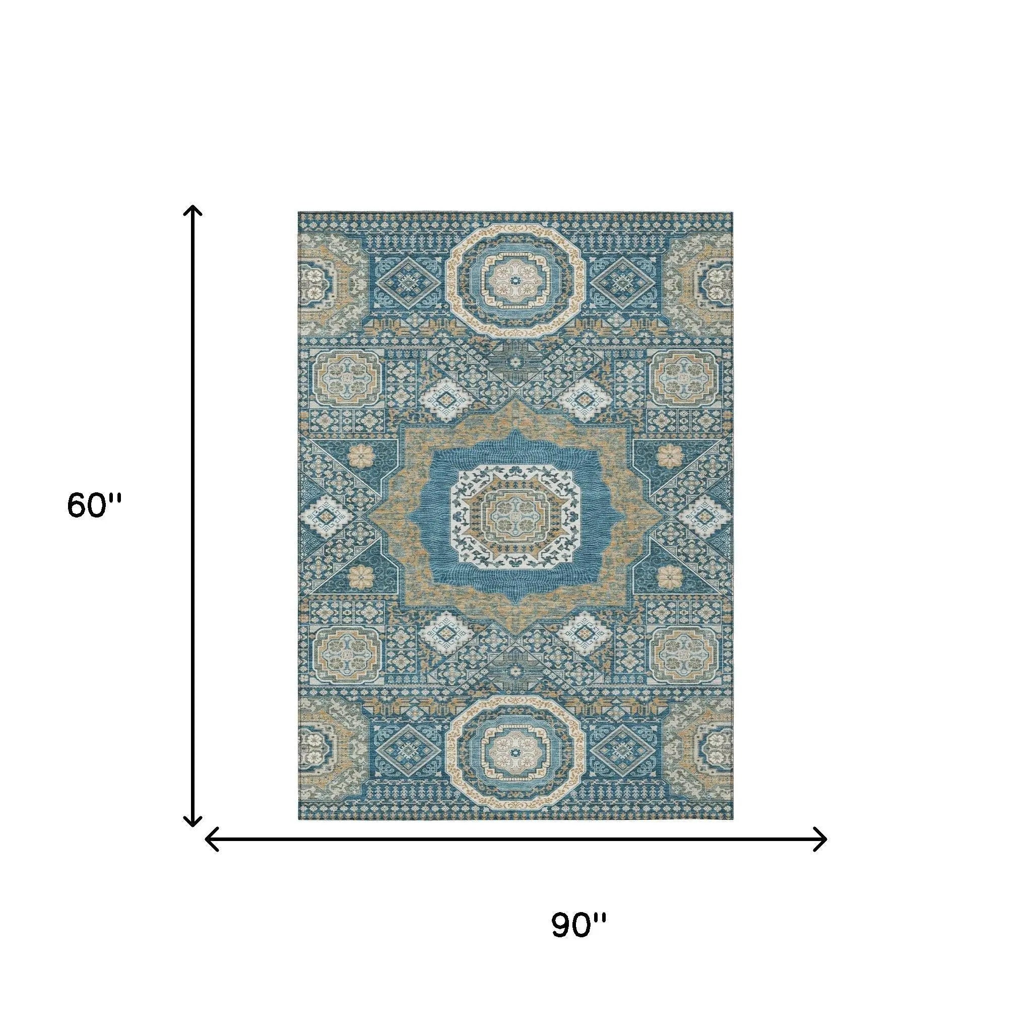 5' X 8' Teal Blue And Ivory Oriental Washable Indoor Outdoor Area Rug Homeroots Outdoor