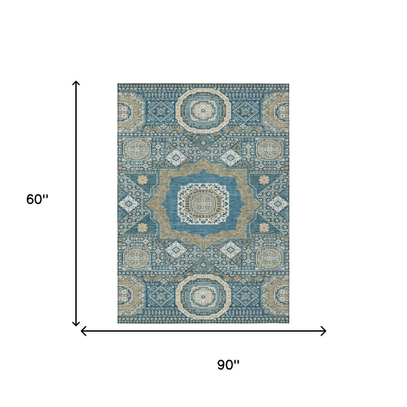 5' X 8' Teal Blue And Ivory Oriental Washable Indoor Outdoor Area Rug Homeroots Outdoor