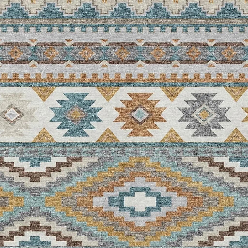 5' X 8' Teal Blue And Ivory Southwestern Washable Indoor Outdoor Area Rug Homeroots Outdoor