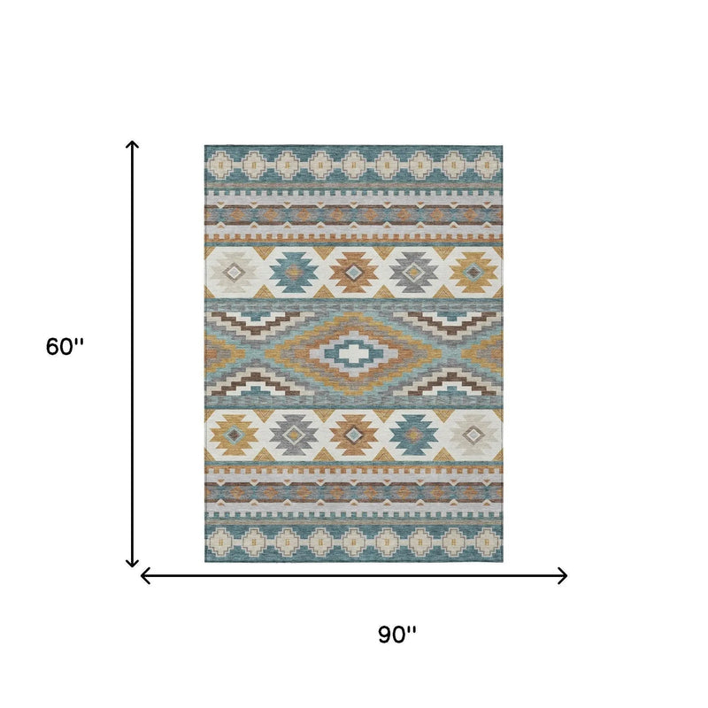 5' X 8' Teal Blue And Ivory Southwestern Washable Indoor Outdoor Area Rug Homeroots Outdoor