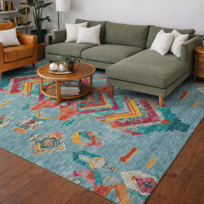 5' X 8' Teal Blue And Ivory Tribal Washable Indoor Outdoor Area Rug Homeroots Outdoor