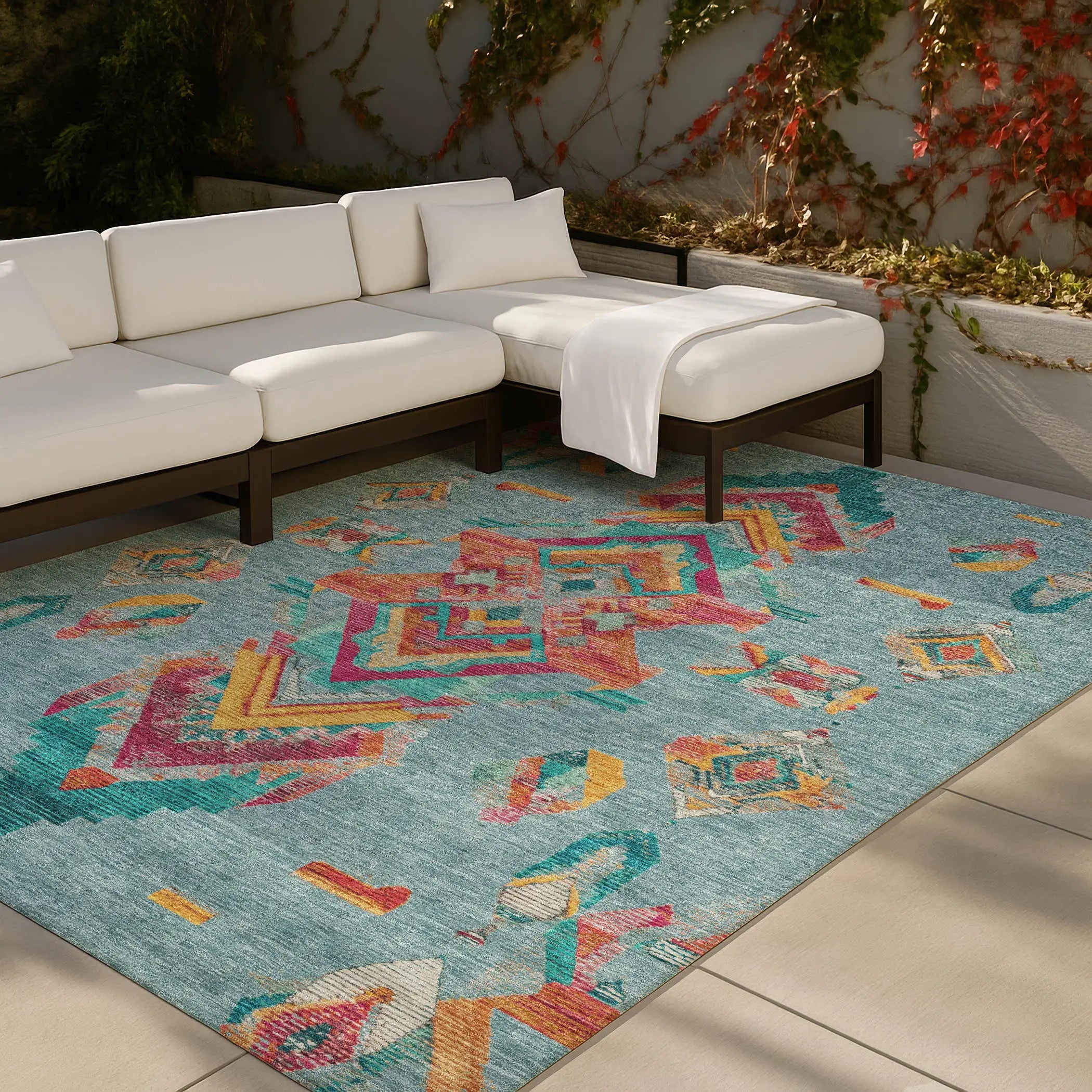 5' X 8' Teal Blue And Ivory Tribal Washable Indoor Outdoor Area Rug Homeroots Outdoor