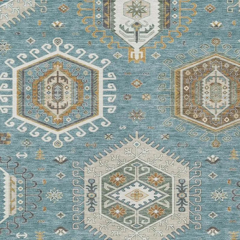 5' X 8' Teal Blue And Ivory Tribal Washable Indoor Outdoor Area Rug Homeroots Outdoor
