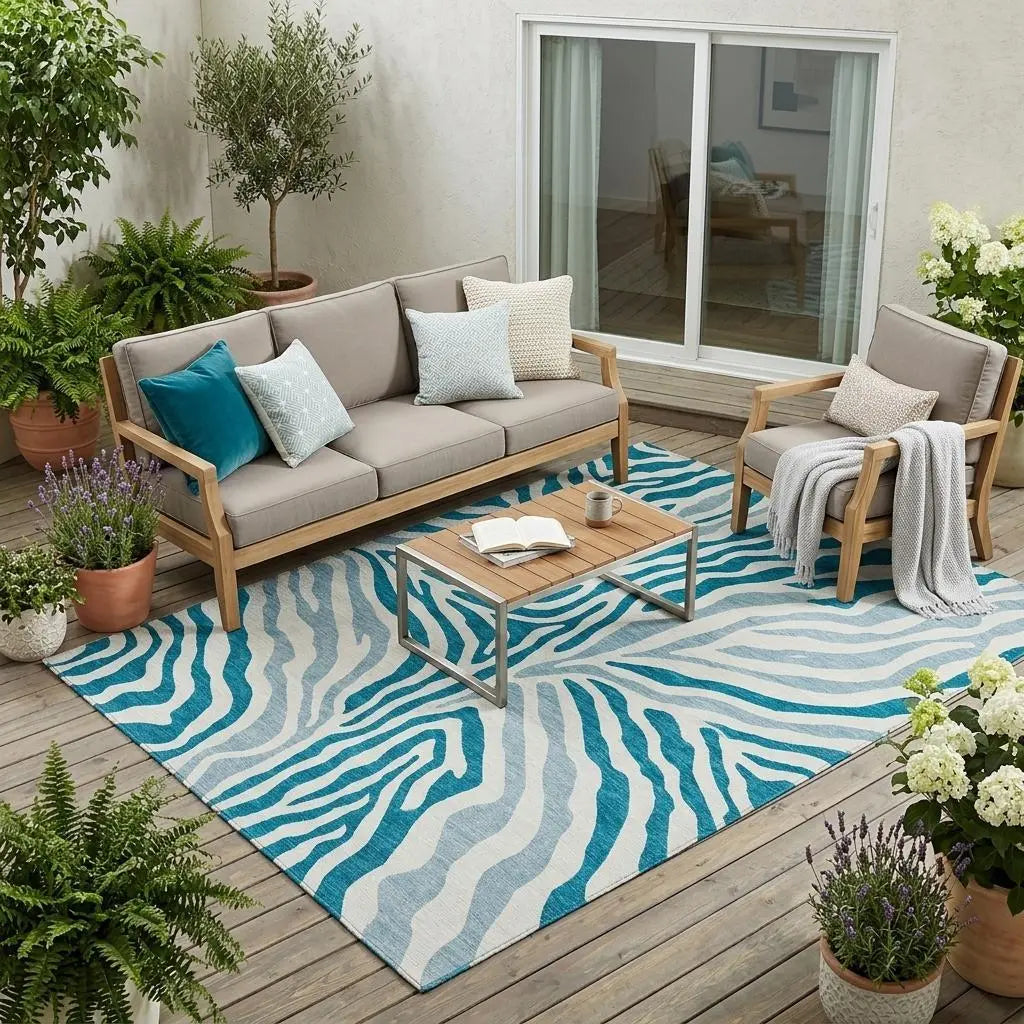 5' X 8' Teal Blue And Ivory Zebra Print Washable Indoor Outdoor Area Rug Homeroots Outdoor