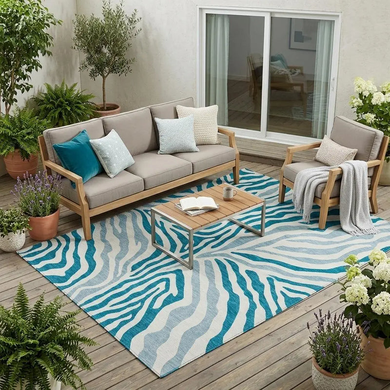 5' X 8' Teal Blue And Ivory Zebra Print Washable Indoor Outdoor Area Rug Homeroots Outdoor