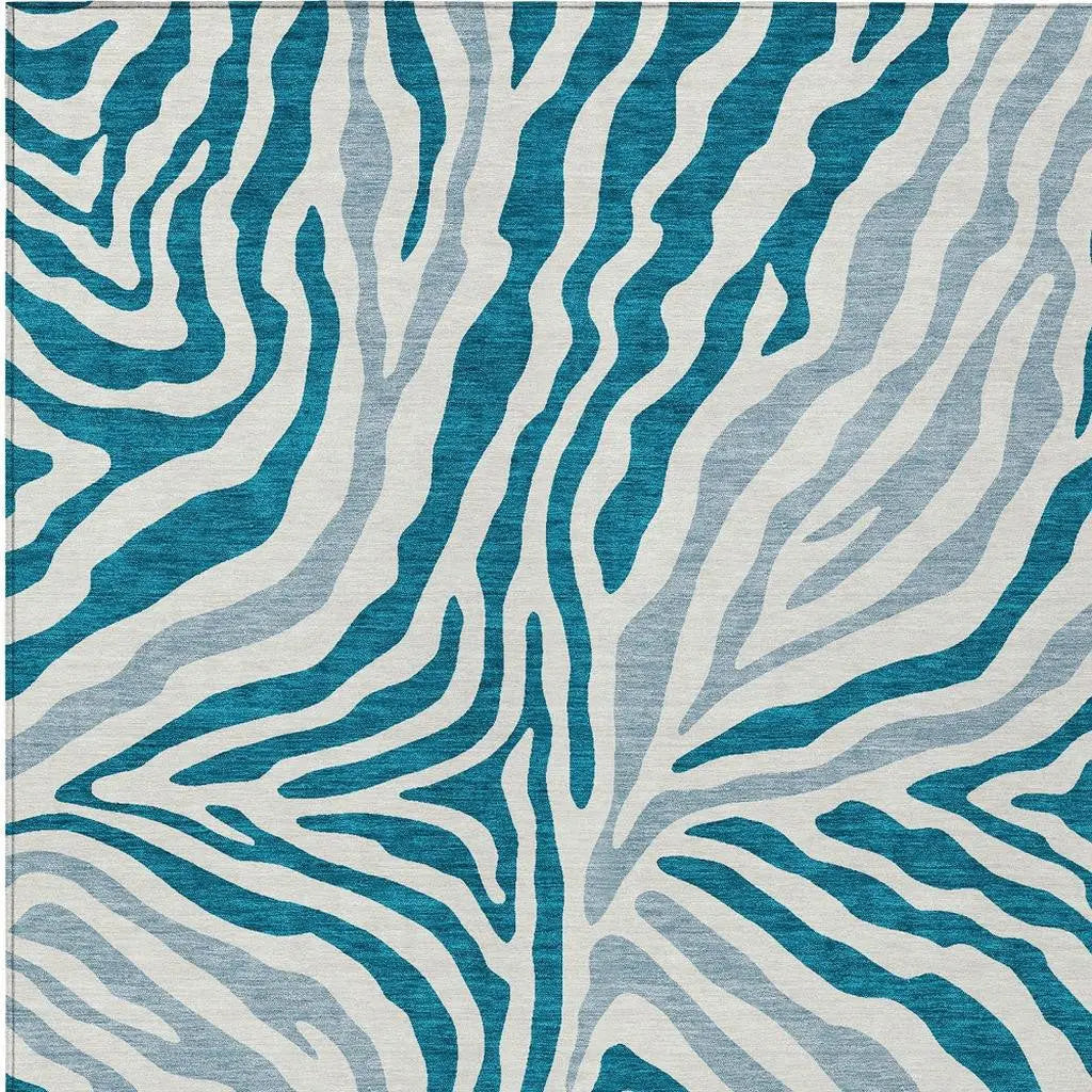 5' X 8' Teal Blue And Ivory Zebra Print Washable Indoor Outdoor Area Rug Homeroots Outdoor