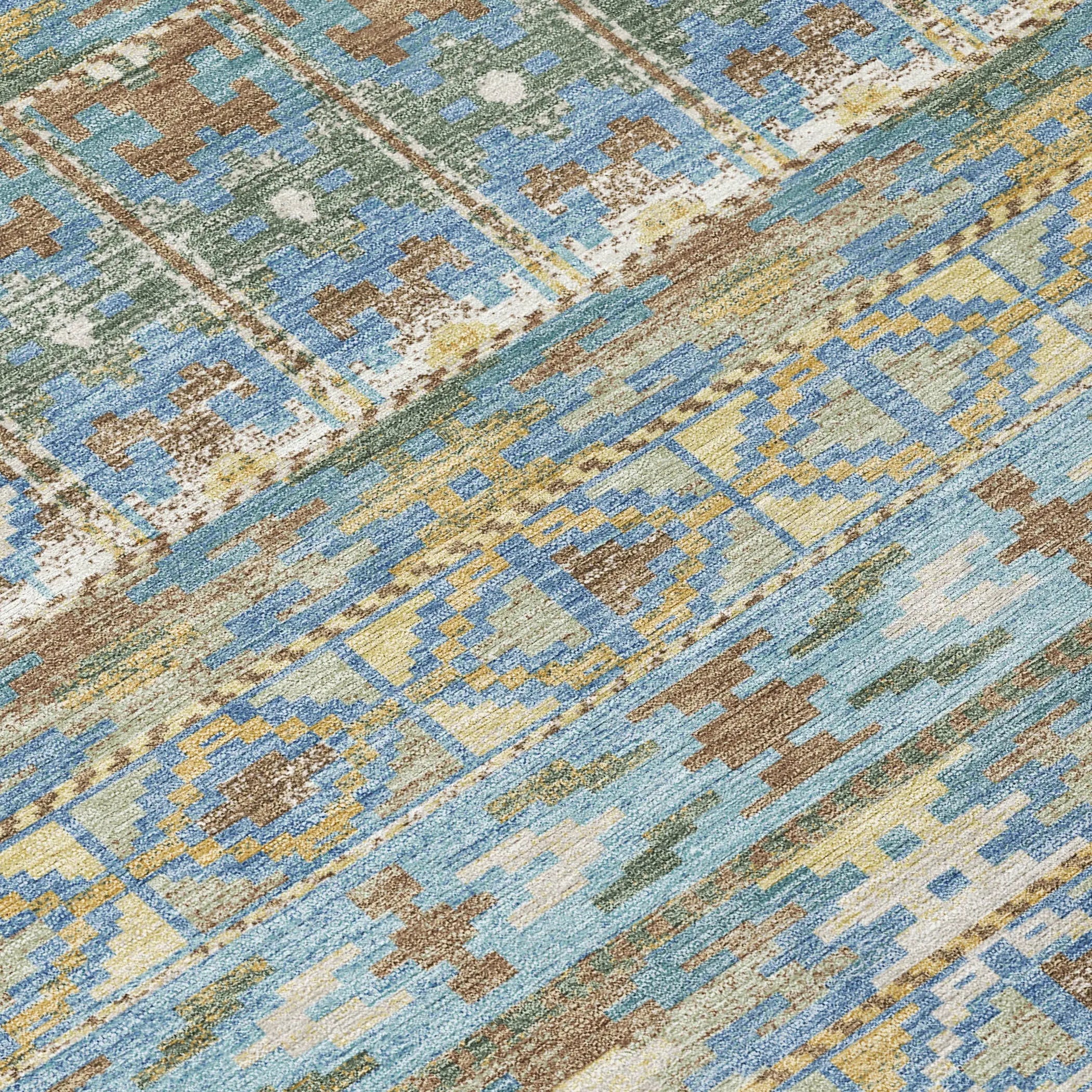 5' X 8' Teal Blue And Khaki Geometric Washable Indoor Outdoor Area Rug Homeroots Outdoor