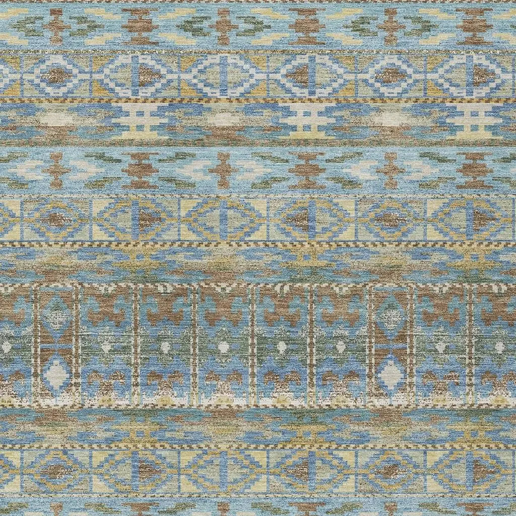 5' X 8' Teal Blue And Khaki Geometric Washable Indoor Outdoor Area Rug Homeroots Outdoor