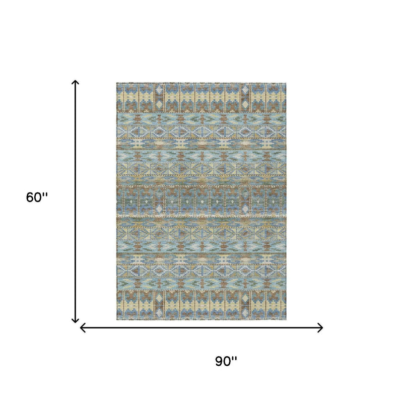 5' X 8' Teal Blue And Khaki Geometric Washable Indoor Outdoor Area Rug Homeroots Outdoor