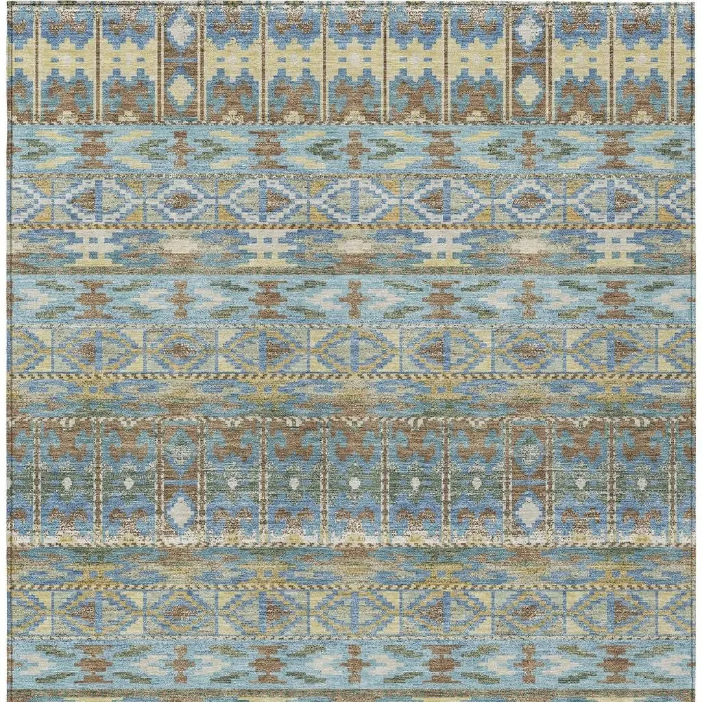5' X 8' Teal Blue And Khaki Geometric Washable Indoor Outdoor Area Rug Homeroots Outdoor
