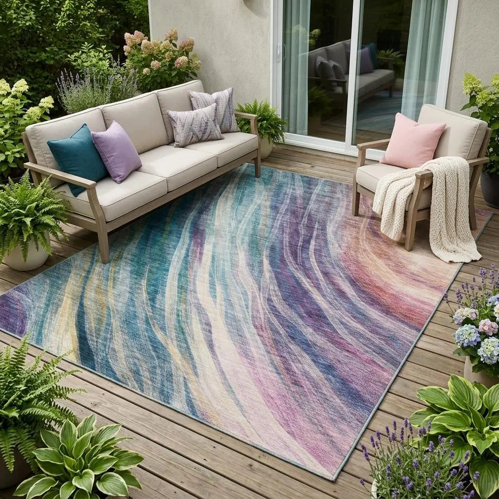 5' X 8' Teal Blue And Lavender Abstract Washable Indoor Outdoor Area Rug Homeroots Outdoor