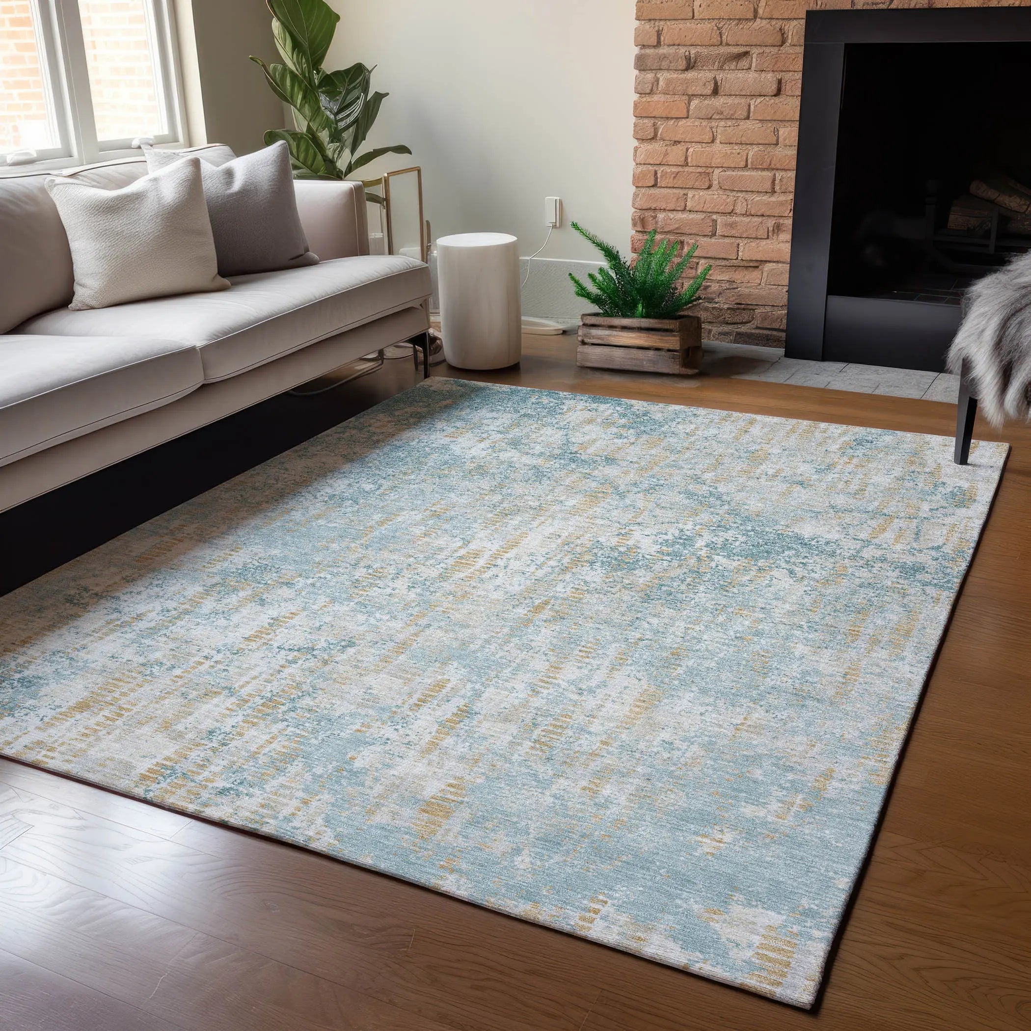5' X 8' Teal Blue And Linen Abstract Washable Indoor Outdoor Area Rug Homeroots Outdoor