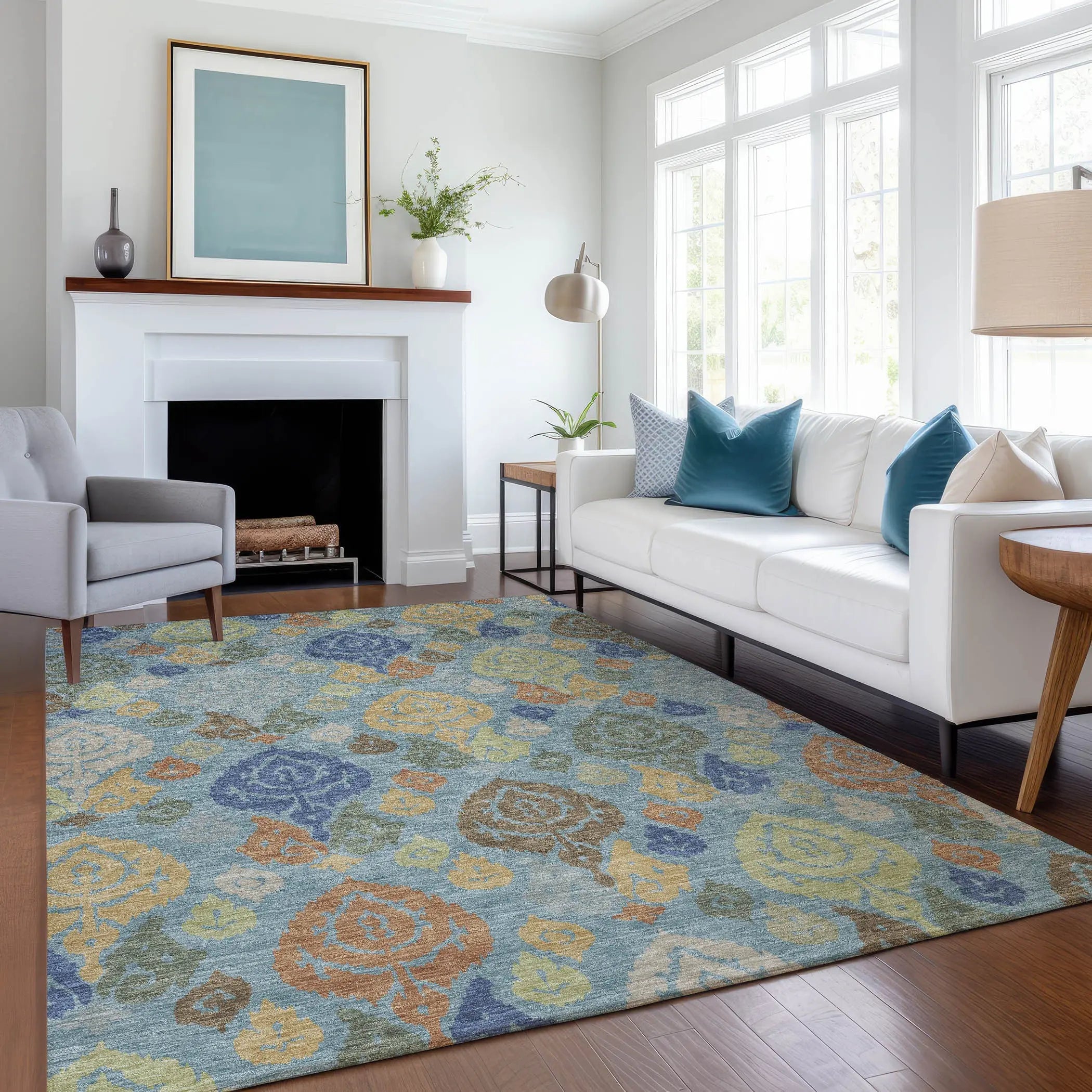 5' X 8' Teal Blue And Navy Blue Damask Washable Indoor Outdoor Area Rug Homeroots Outdoor