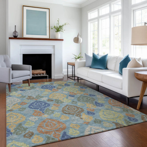 5' X 8' Teal Blue And Navy Blue Damask Washable Indoor Outdoor Area Rug Homeroots Outdoor