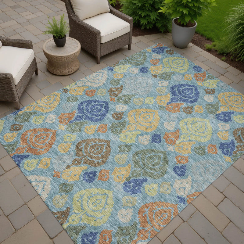 5' X 8' Teal Blue And Navy Blue Damask Washable Indoor Outdoor Area Rug Homeroots Outdoor