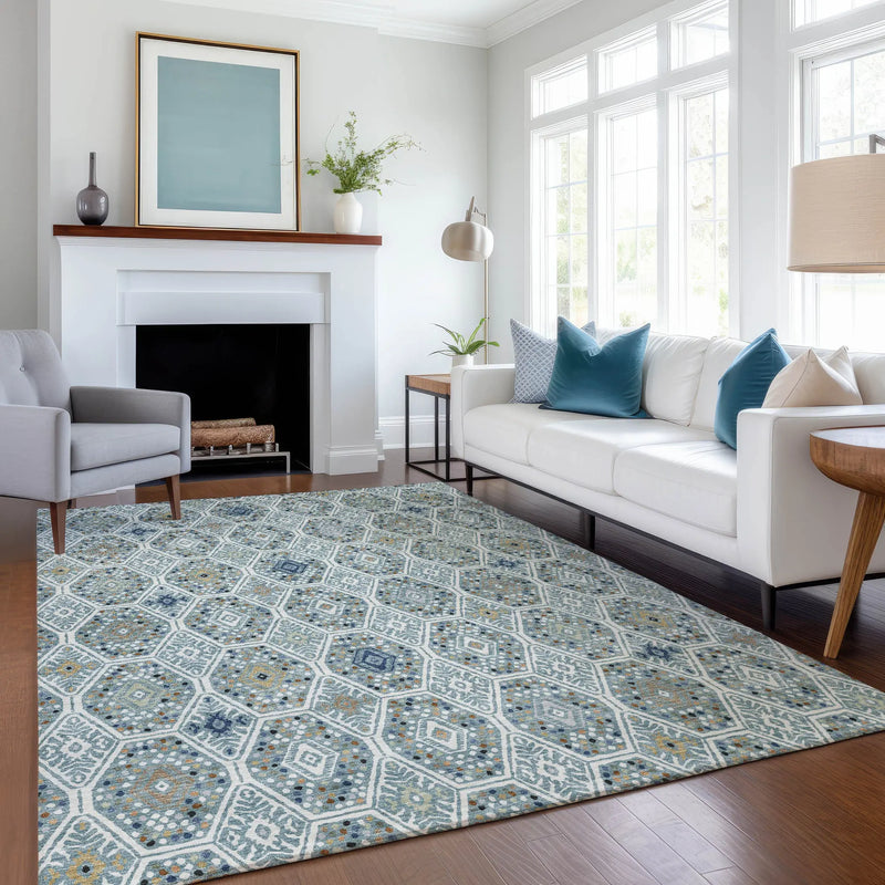 5' X 8' Teal Blue And Navy Blue Geometric Washable Indoor Outdoor Area Rug Homeroots Outdoor