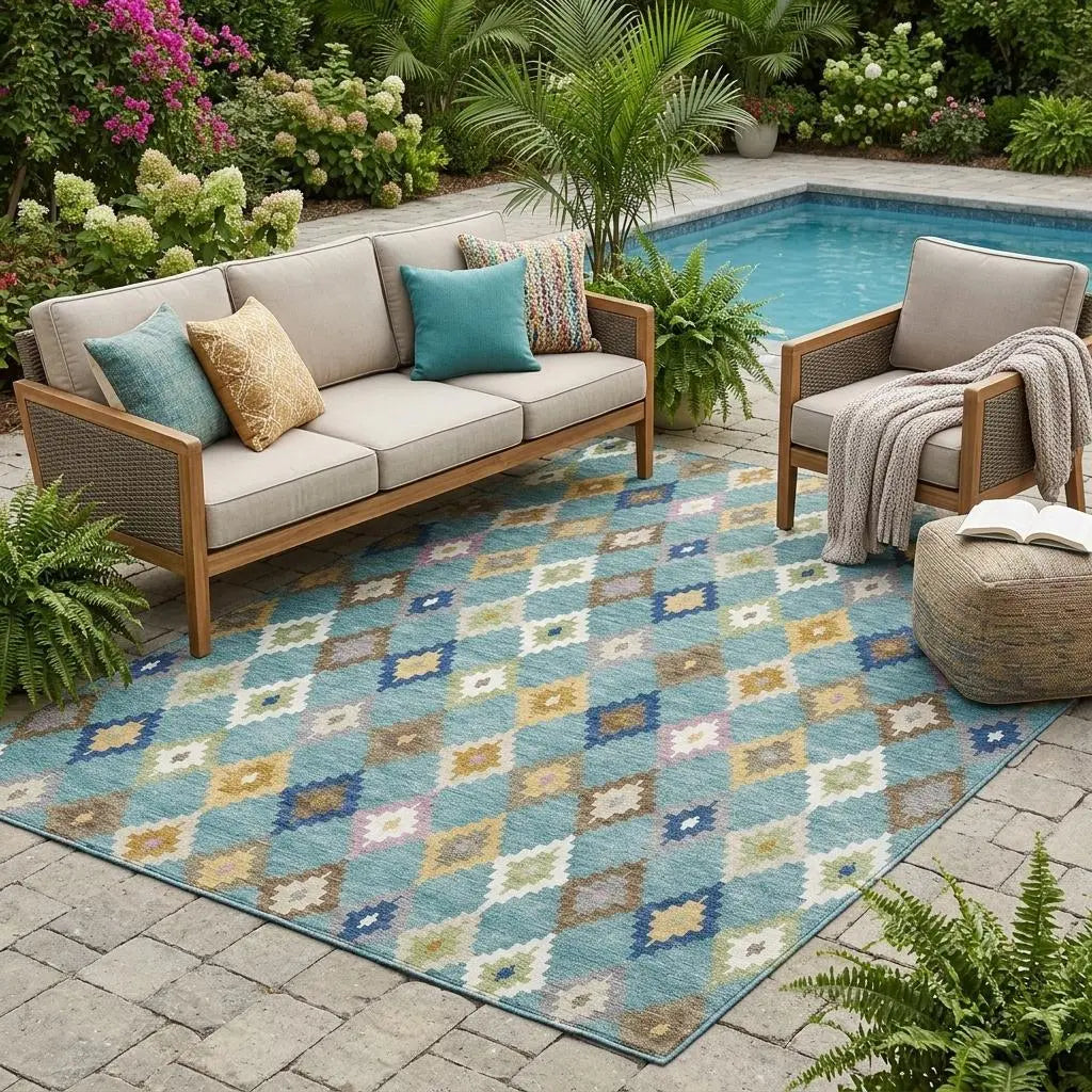 5' X 8' Teal Blue And Orange Aztec Washable Indoor Outdoor Area Rug Homeroots Outdoor