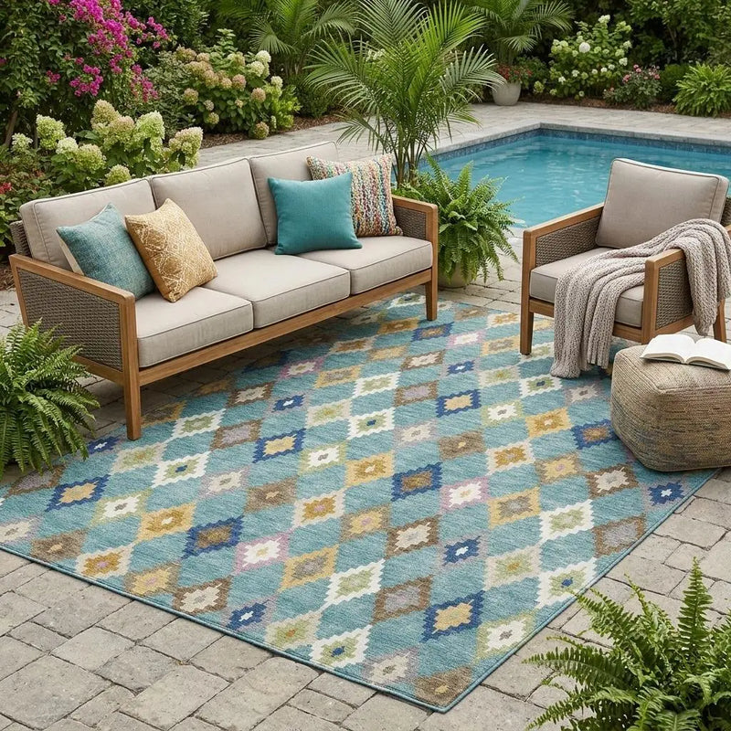 5' X 8' Teal Blue And Orange Aztec Washable Indoor Outdoor Area Rug Homeroots Outdoor