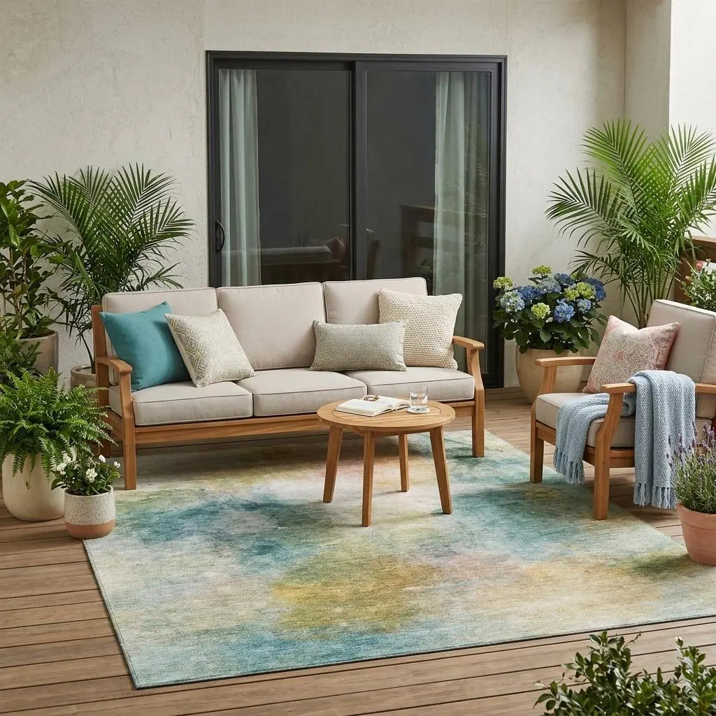 5' X 8' Teal Blue And Peach Abstract Washable Indoor Outdoor Area Rug Homeroots Outdoor