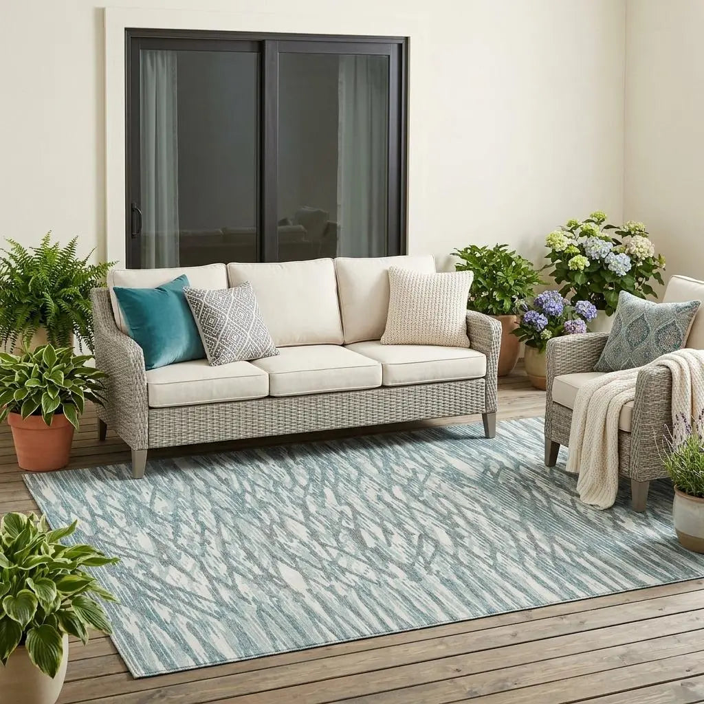 5' X 8' Teal Blue And Pewter Abstract Washable Indoor Outdoor Area Rug Homeroots Outdoor