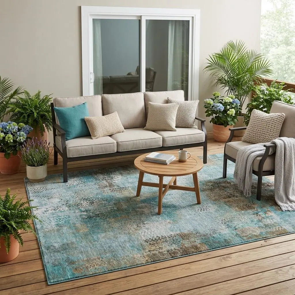 5' X 8' Teal Blue And Pewter Abstract Washable Indoor Outdoor Area Rug Homeroots Outdoor