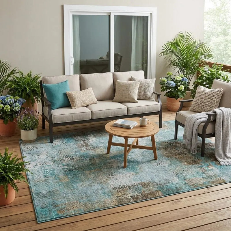 5' X 8' Teal Blue And Pewter Abstract Washable Indoor Outdoor Area Rug Homeroots Outdoor