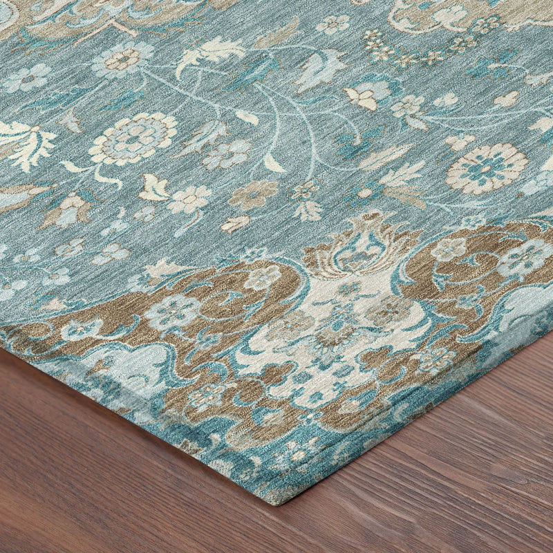 5' X 8' Teal Blue And Pewter Damask Washable Indoor Outdoor Area Rug Homeroots Outdoor