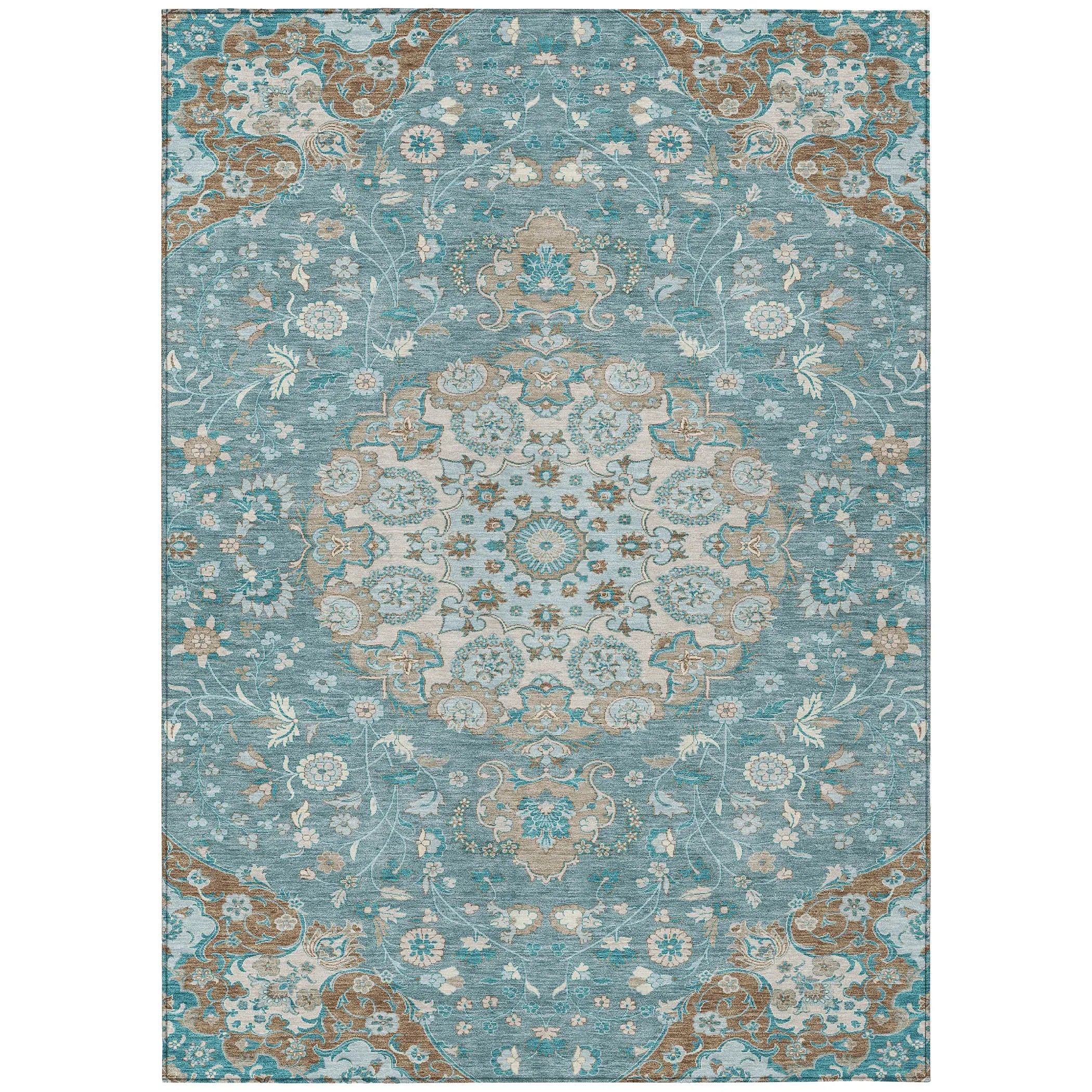 5' X 8' Teal Blue And Pewter Damask Washable Indoor Outdoor Area Rug Homeroots Outdoor