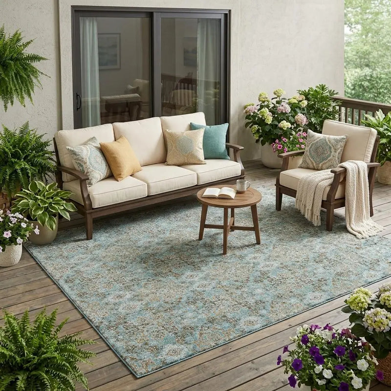 5' X 8' Teal Blue And Pewter Damask Washable Indoor Outdoor Area Rug Homeroots Outdoor
