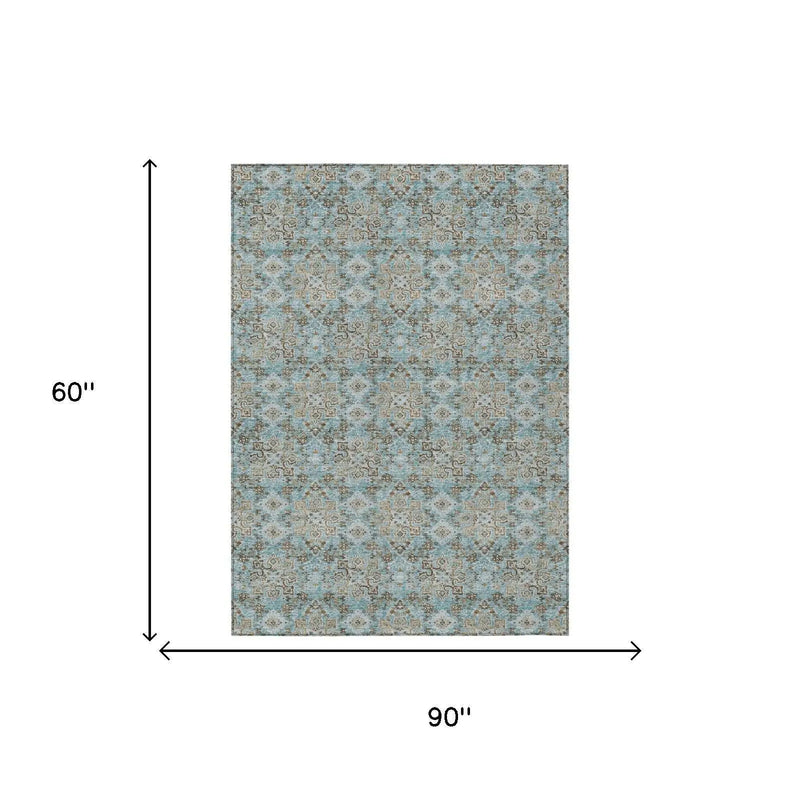 5' X 8' Teal Blue And Pewter Damask Washable Indoor Outdoor Area Rug Homeroots Outdoor