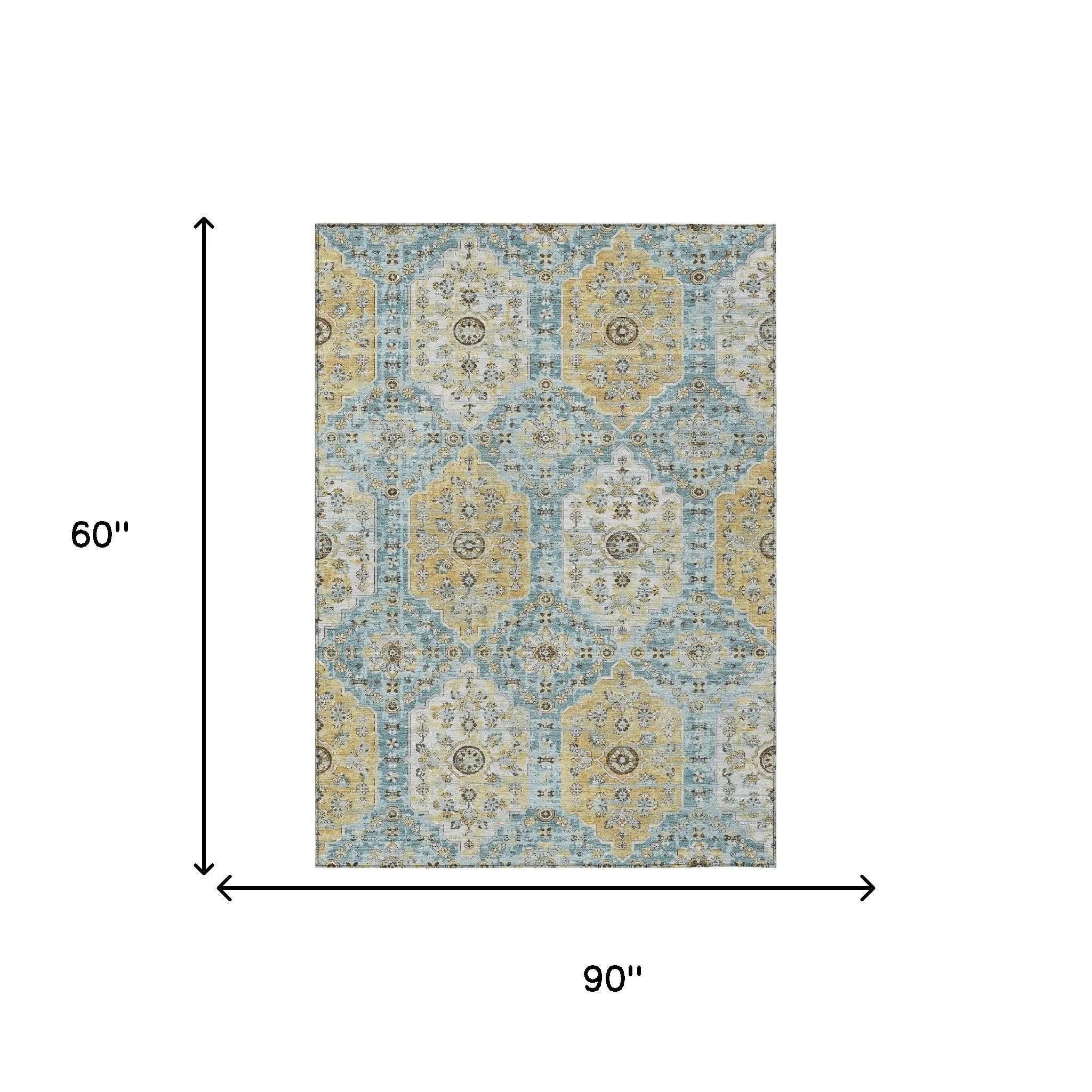 5' X 8' Teal Blue And Pewter Damask Washable Indoor Outdoor Area Rug Homeroots Outdoor