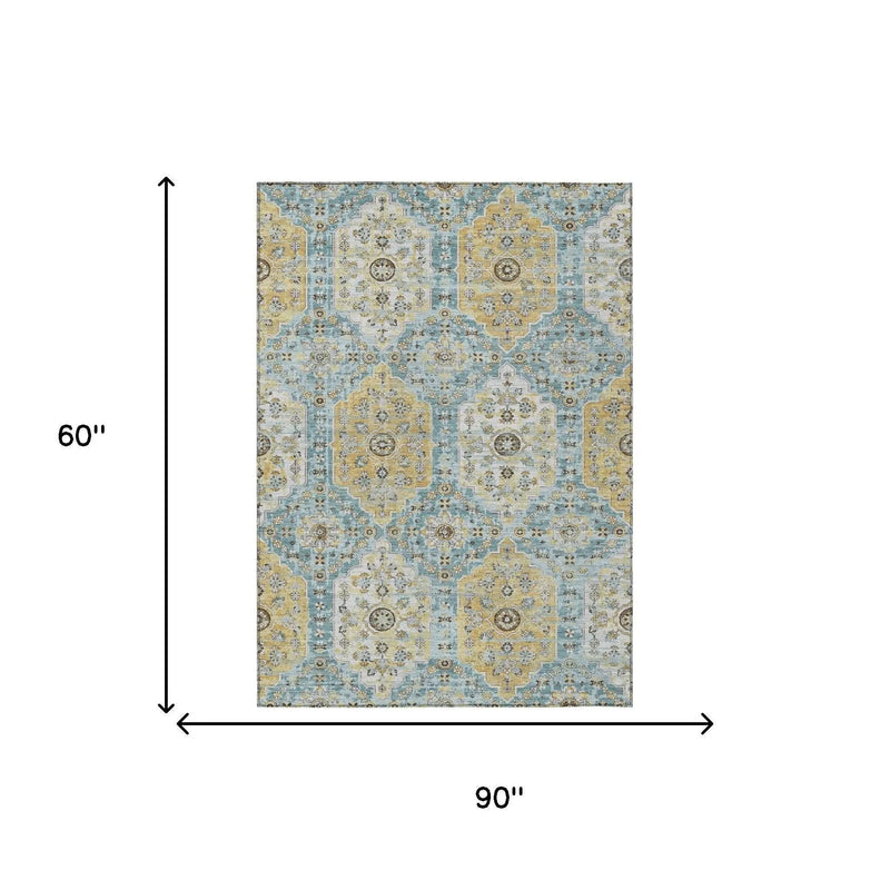 5' X 8' Teal Blue And Pewter Damask Washable Indoor Outdoor Area Rug Homeroots Outdoor