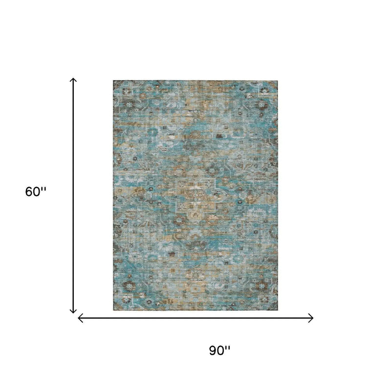 5' X 8' Teal Blue And Pewter Floral Medallion Washable Indoor Outdoor Area Rug Homeroots Outdoor