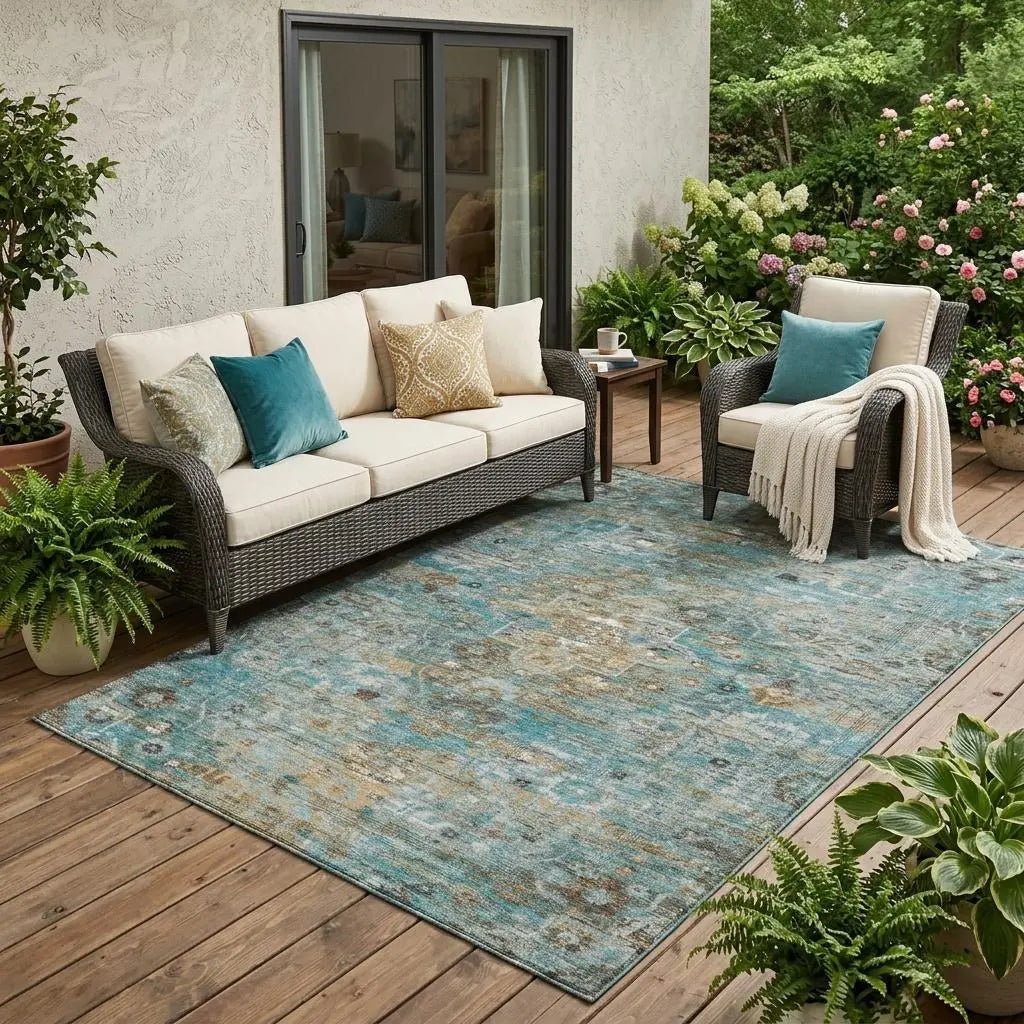 5' X 8' Teal Blue And Pewter Floral Medallion Washable Indoor Outdoor Area Rug Homeroots Outdoor