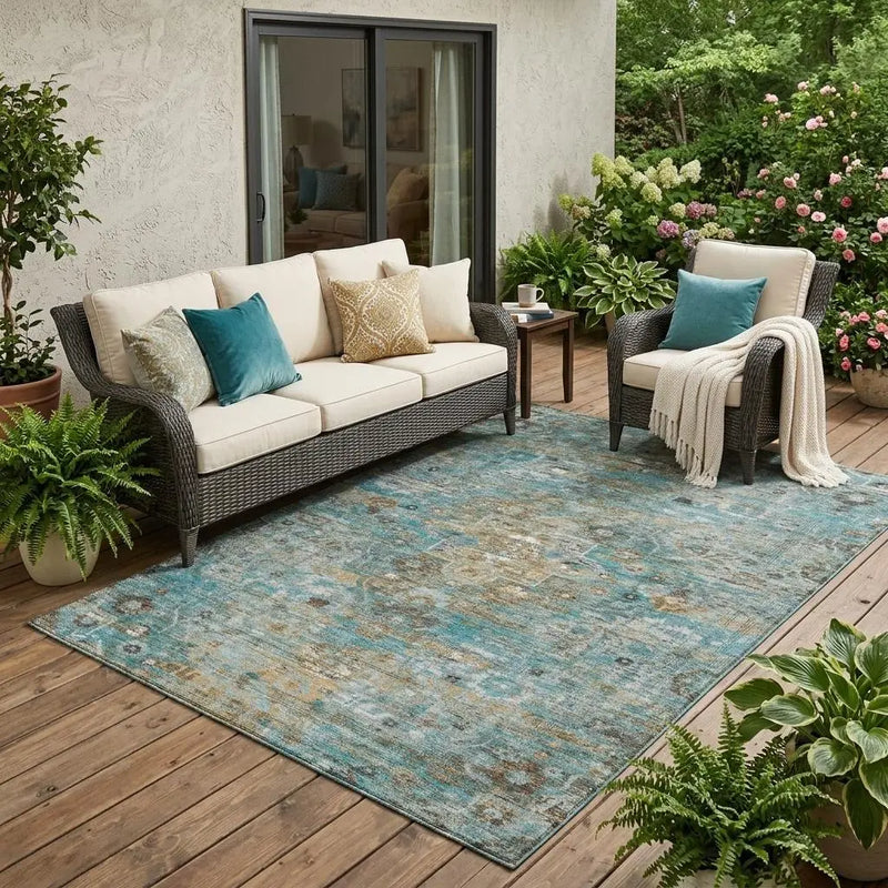 5' X 8' Teal Blue And Pewter Floral Medallion Washable Indoor Outdoor Area Rug Homeroots Outdoor