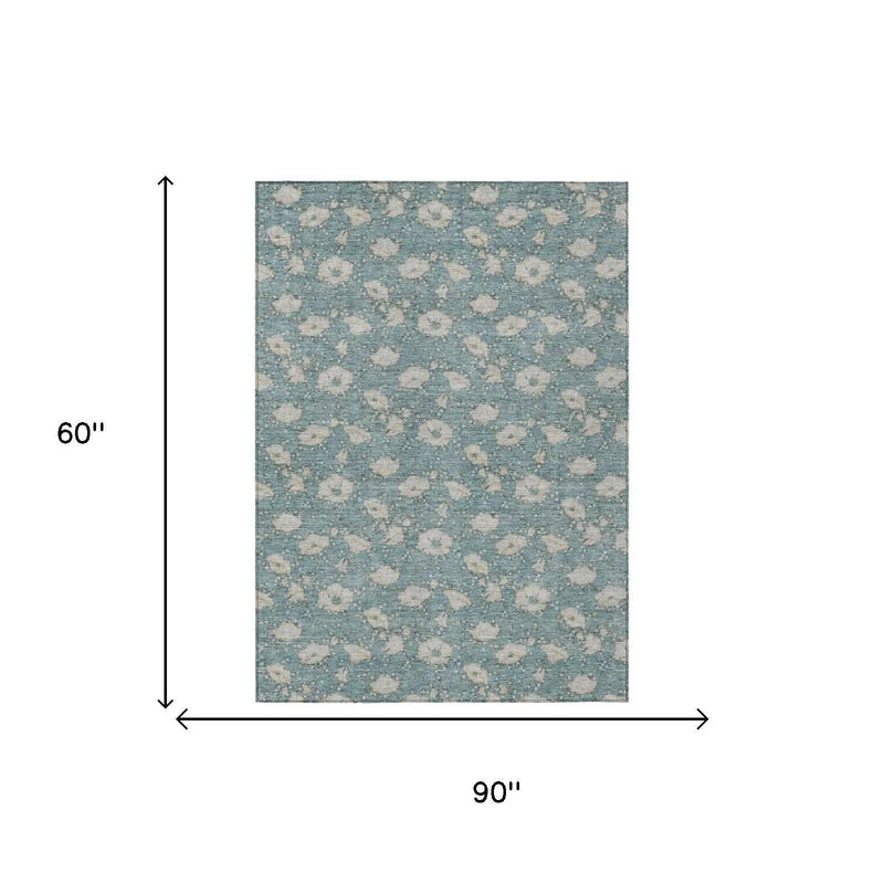 5' X 8' Teal Blue And Pewter Floral Washable Indoor Outdoor Area Rug Homeroots Outdoor