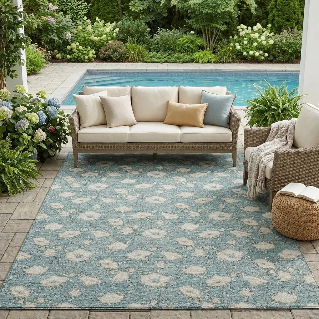 5' X 8' Teal Blue And Pewter Floral Washable Indoor Outdoor Area Rug Homeroots Outdoor