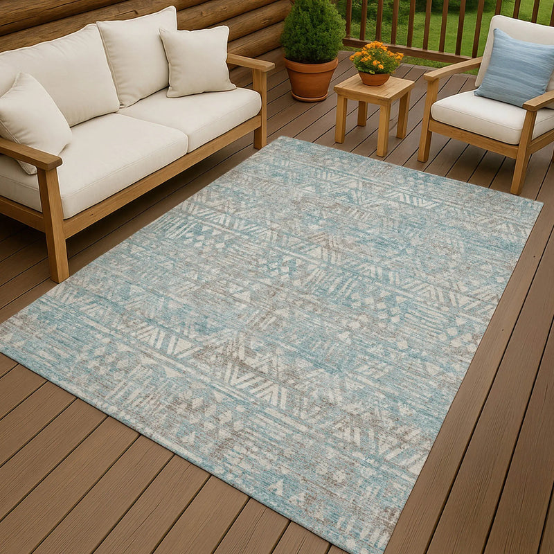 5' X 8' Teal Blue And Pewter Geometric Washable Indoor Outdoor Area Rug Homeroots Outdoor