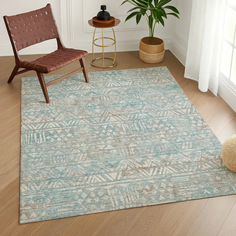 5' X 8' Teal Blue And Pewter Geometric Washable Indoor Outdoor Area Rug Homeroots Outdoor